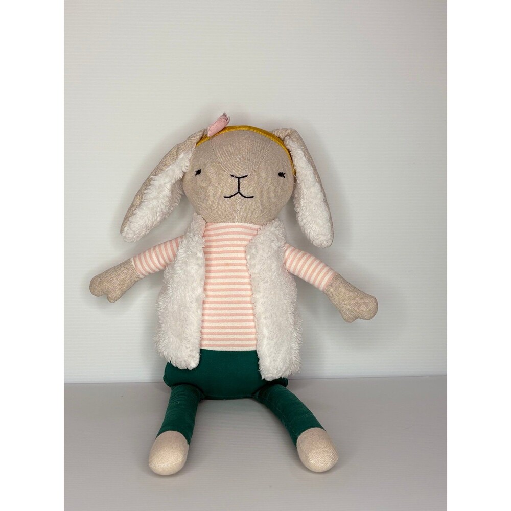 Handmade-Style Bunny Plush Doll 18” – Pink Stripes, Vest & Green Pants